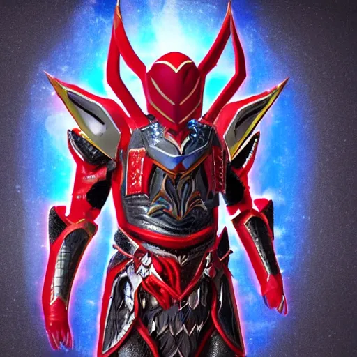 Prompt: High Fantasy Kamen Rider, blue armor with red secondary color, 4k, glowing eyes, daytime, rubber undersuit with chainmail texture, dragon inspired armor