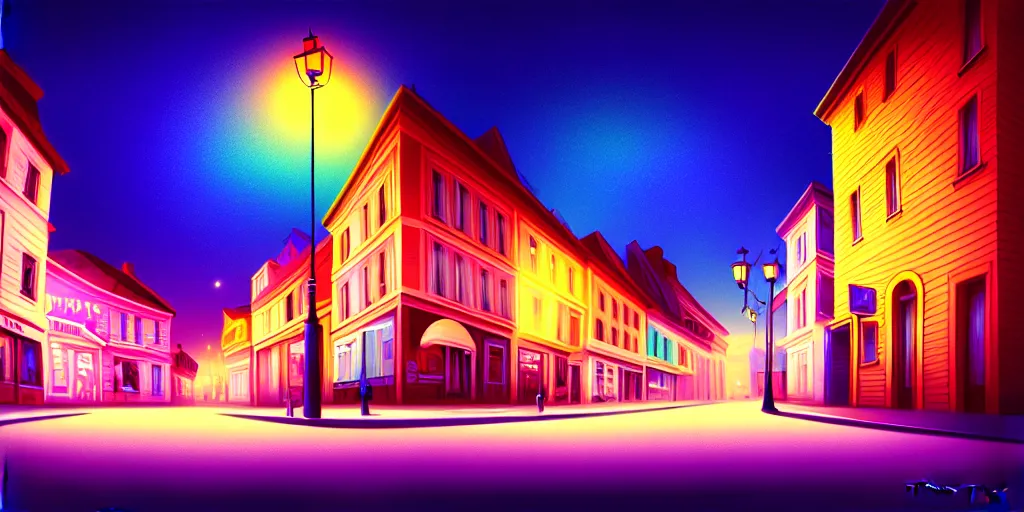 Prompt: curved perspective digital art of a summer night small town street pastel colors by petros afshar and tim burton, 1 5 º camera angle