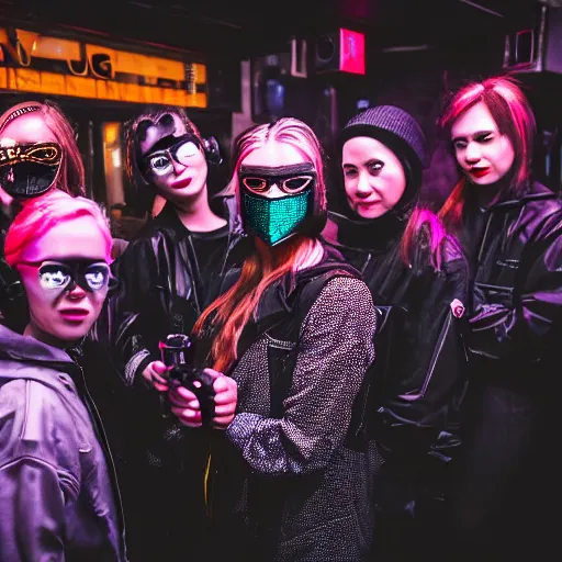 Image similar to photograph of a retro techwear female group near the bar of a packed busy rundown nightclub, lots of people, sharp and sparkly masks, retrofuturism, brutalism, cyberpunk, sigma 85mm f/1.4, 15mm, 35mm, tilted frame, long exposure, 4k, high resolution, 4k, 8k, hd, wide angle lens, highly detailed, full color, harsh light and shadow