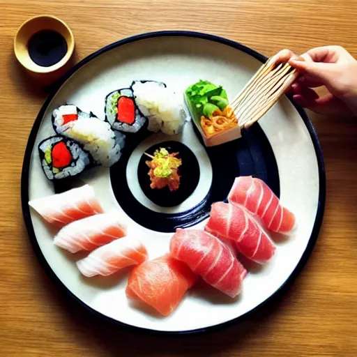 Prompt: photo of a beautiful Japanese girl eating sushi, symmetrical, golden ratio, happy,