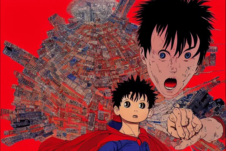 Image similar to Tetsuo wearing torn red cape with incredibly powerful right arm consuming Neo-Tokyo created by Hideaki Anno + Katsuhiro Otomo +Rumiko Takahashi, Movie poster style, box office hit, a masterpiece of storytelling, (Akira 1988) highly detailed 8k