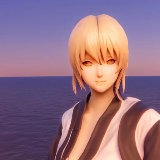 Image similar to Render of a 3d Ryougi Shiki, full round face, golden hour, serene beach setting, medium shot, mid-shot, highly detailed, trending on Artstation, Unreal Engine 4k