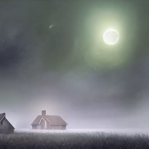 Prompt: A isolated house in a field, surrounded by vibrant fog, volumetric light scattering, ultradetailed, eerie, weird animals playing, a big moon behind with nebula, by Greg Rutkowski, by Feng Zhu -H 576 -W 1024 -n 9 -i