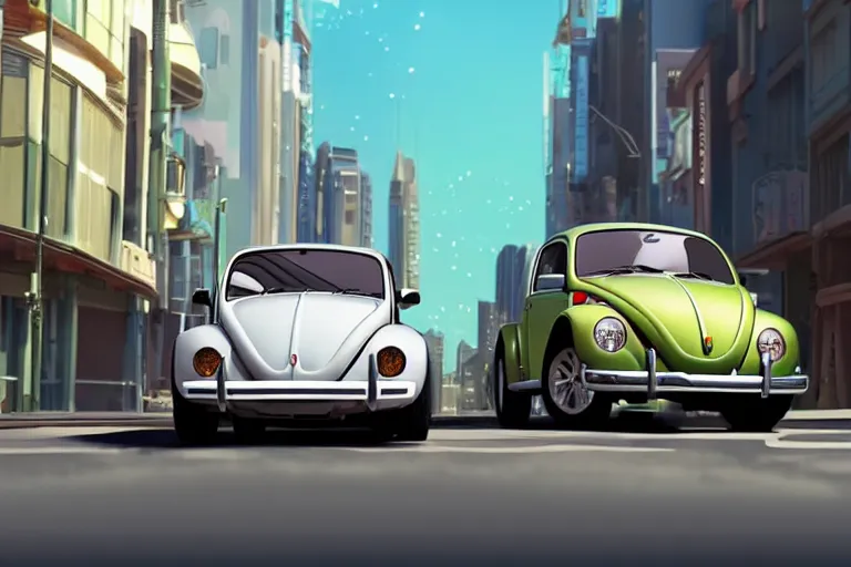 Image similar to a wholesome animation key shot of!! one!! focused!! vw beetle superbug!! in shiny reflective stainless steel, in a sydney street in australia, medium shot, studio ghibli, ( pixar ) and disney animation, sharp, very detailed, high resolution, rendered in unreal engine 5, anime key art by greg rutkowski, bloom, dramatic lighting