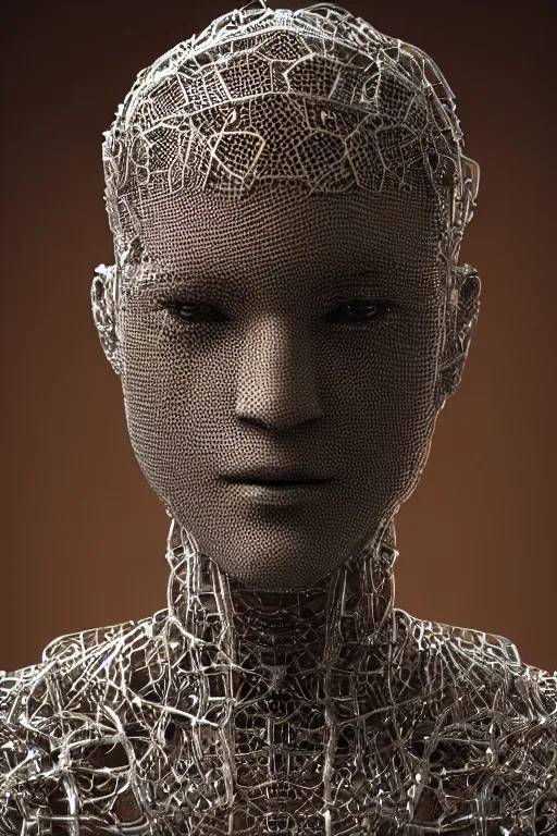 Prompt: a melancholic realistic 8k Sculpture of a complex robotic human face, liquid simulation, dramatic lighting, silver gold red details, hexagonal mesh wire, filigree intricate details, cinematic, fleshy musculature, white blossoms, elegant, octane render, 8k post-processing, by Caravaggio, Greg rutkowski, Sachin Teng, Thomas Kindkade, Alphonse Mucha, Norman Rockwell, Tom Bagshaw