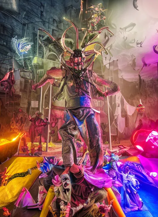 Prompt: professional photography, octane render, beautiful aesthetic whimsical horror, silent hill carnival, fools and jesters performing at a carnival, high-resolution, extreme detail, beautiful colorful lights
