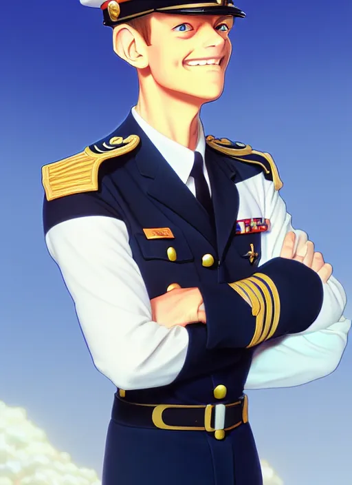 Prompt: cute navy officer martin clunes, natural lighting, path traced, highly detailed, high quality, digital painting, by don bluth and ross tran and studio ghibli and alphonse mucha, artgerm