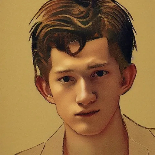 Prompt: “ tom holland portrait by ikenaga yasunari and ayana otake and ko rakusui, 6 0 s poster, drawing, realistic, sharp focus, japanese, dreamy, nostalgia, faded, golden hues, floral clothes ”