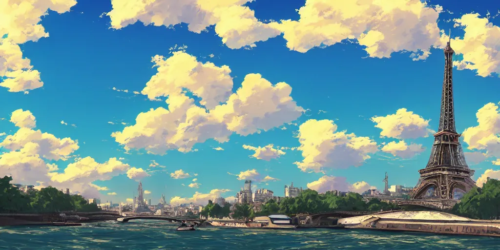 Image similar to a view on eiffel tower from seine with amazing clouds and blue sky, in the style of makoto shinkai anime and studio ghibli anime, colorful, romantic, 4 k resolution, artstation, pixiv, anime background,