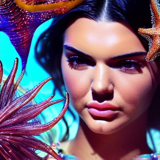 Image similar to kendall jenner portrait, fantasy, mermaid, hyperrealistic, game character, underwater, highly detailed, sharp focus, cinematic lighting, pearls, glowing hair, shells, gills, crown, water, highlights, starfish, jewelry, realistic, digital art, pastel, magic, fiction, ocean, king, colorful hair, sparkly eyes, fish, heroic, goddess, waves, bubbles, queen