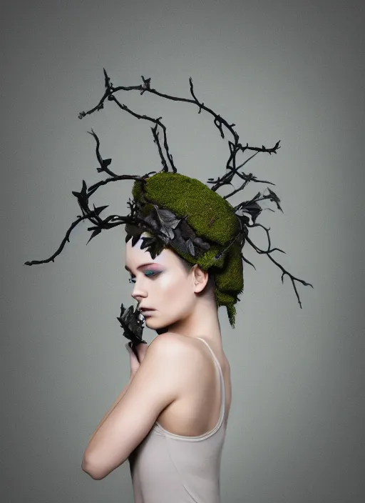 Prompt: a photo of a female model, orgnic headpiece, vines, horn, moss, fashion photography, realistic, hyperdetails, dark grey backdrop studio