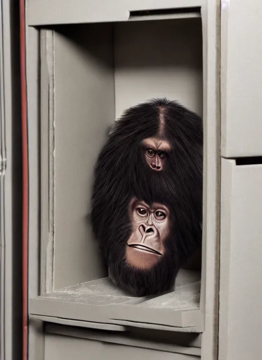 Image similar to uncanny hybrid human - ape, half human half ape inside fuse box in post communist apartment building