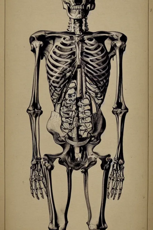 Image similar to victorian anatomical illustration of a human skeleton, photorealistic, diagram, intricate details