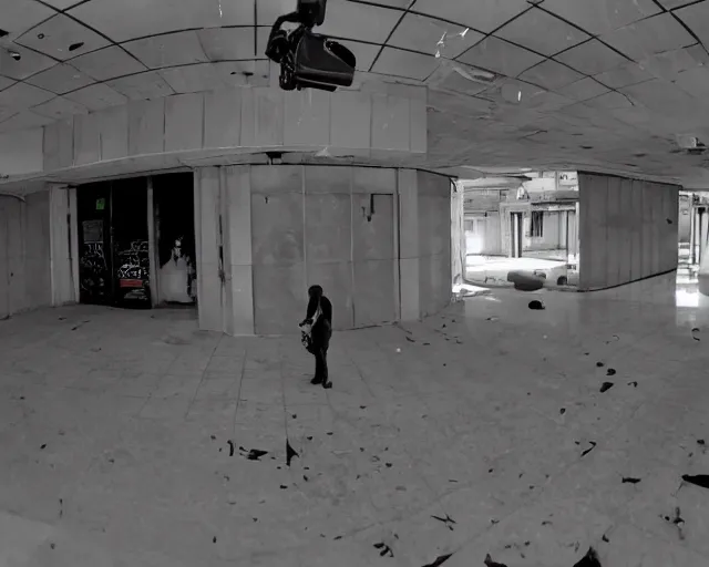 Image similar to camera footage of a Darpa Robot hunting people in an abandoned shopping mall, high exposure, dark, monochrome, camera, grainy, CCTV, security camera footage, timestamp, zoomed in, fish-eye lense, Robot, Drone, Intense, Darpa,