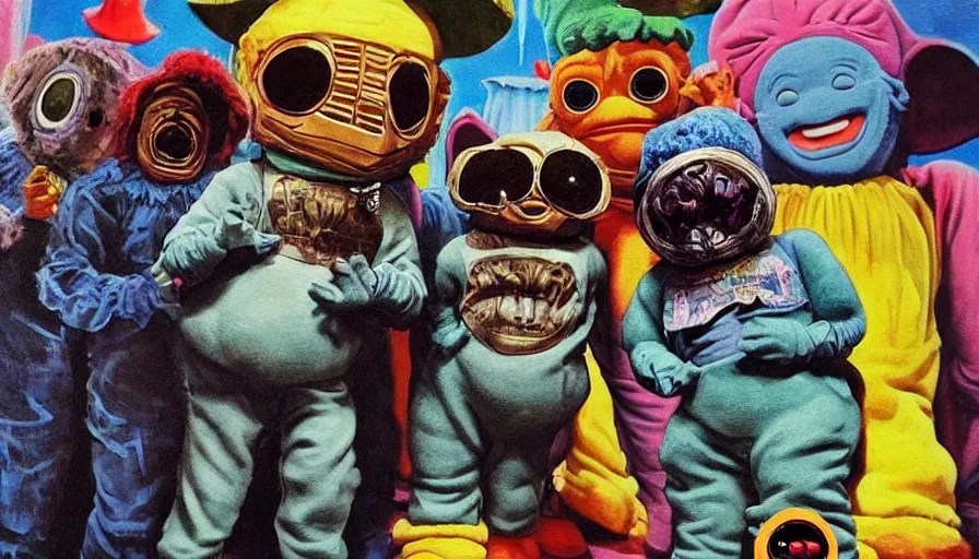 Image similar to beautiful lifelike painting of mf doom performing with slipknot and the teletubbies, hyperreal detailed facial features and uv lighting, art by ed roth and basil wolverton