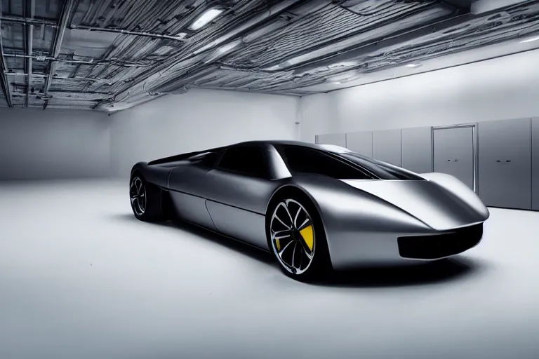 Image similar to A futuristic super-car made of a slick grey scaled metal, professional garage photograph.