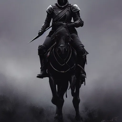 Image similar to black style knight looking like vladimir putin with a powerful weapon, fog, dramatic lighting, cinematic composition, a fantasy digital painting by greg rutkowski and james gurney, trending on artstation, highly detailed, hyperrealistic, realistic, photorealistic, dynamic lighting, highly detailed, cinematic landscape, studio lighting