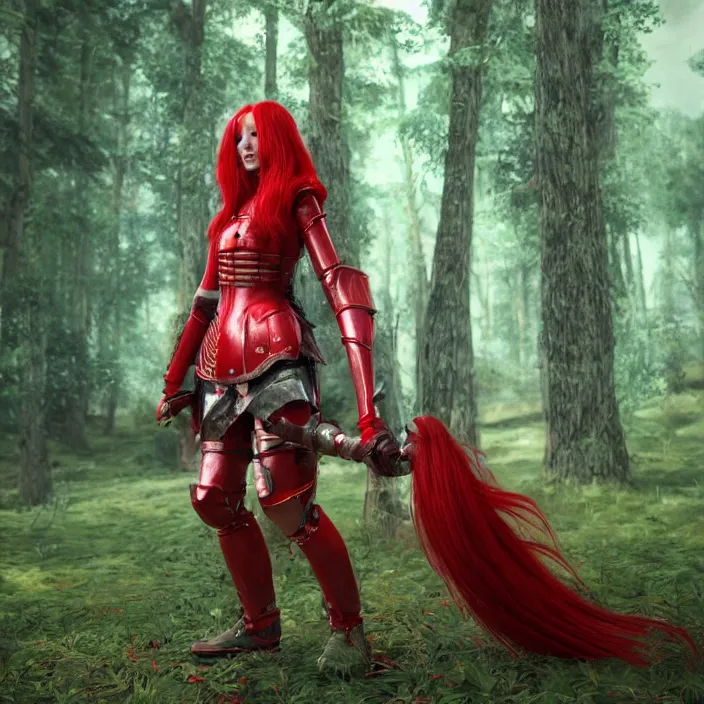 Prompt: a girl with long red hair wearing a red plate armor and holding a big red sword in a forest, 3d render, octane render, unreal engine 5, 8k hdr, hyperrealistic, highly detailed, high quality, concept art, trending on Artstation