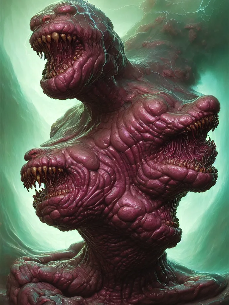 Image similar to hyperrealistic rendering, fat smooth cronenberg flesh monster d & d displacer beast face by donato giancola and greg rutkowski and wayne barlow and zdzisław beksinski, eyeballs, lightning, magic runes, product photography, action figure, sofubi, studio lighting, colored gels, colored background