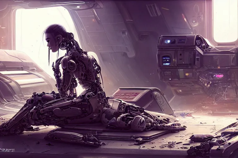 Image similar to Ultra realistic illustration, beautiful alluring damaged combat cyborg sitting on the floor of a smoldering crashed spaceship while being put back together in an super advanced military medical bay, cyberpunk, sci-fi, fantasy, intricate, elegant, highly detailed, digital painting, artstation, concept art, smooth, sharp focus, 8k, illustration, art by artgerm and greg rutkowski and alphonse mucha