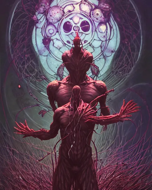 Image similar to the platonic ideal of flowers, rotting, insects and praying of cletus kasady carnage thanos davinci dementor wild hunt chtulu mandala ponyo doctor manhattan bioshock, fantasy, ego death, decay, dmt, psilocybin, concept art by randy vargas and greg rutkowski and zdzisław beksinski