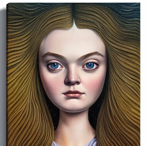 Image similar to professional painting of Elle Fanning in the style of Octavio Ocampo, head and shoulders portrait, symmetrical facial features, smooth, sharp focus, illustration, intricate, stormy weather, extremely detailed masterpiece,