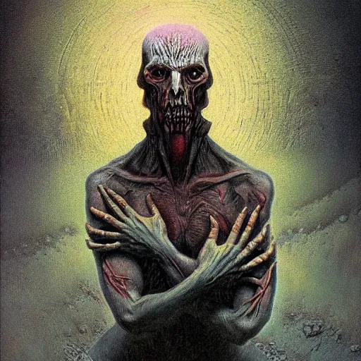 Image similar to portrait of crazed zealot by gerald brom, background by zadzislaw beksinski