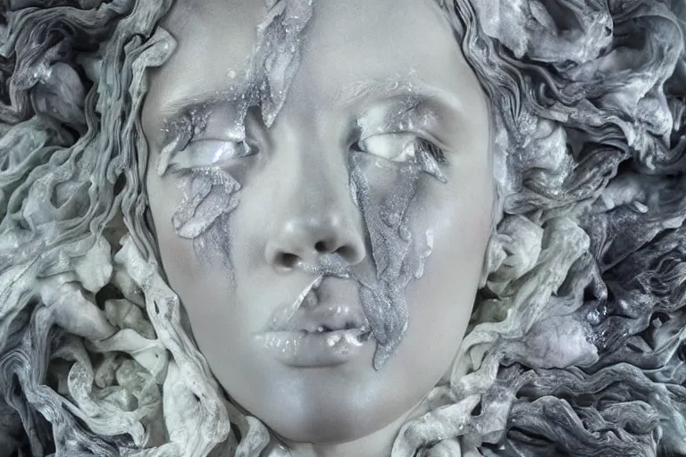 Image similar to a sculpture of a stunningly beautiful woman with flowing tears, fractal flowers on the skin, intricate, a marble sculpture by nicola samori, behance, neo - expressionism, marble sculpture, made of mist, still frame from the prometheus movie by ridley scott with cinematogrophy of christopher doyle, arri alexa, 8 k