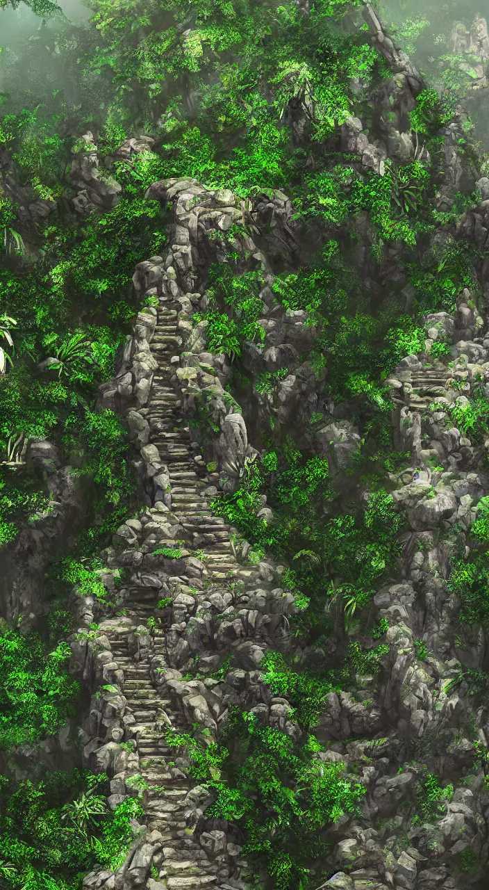 Prompt: Starway to a Mystical Jungle Temple, Carved stone Starway on a cliff, Ancient temple in the background, Jungle, Lush vegetation, Overgrown, photorealistic, detailed, artstation, 4k