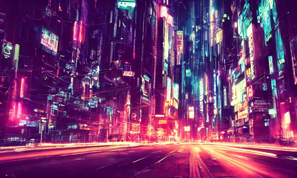 Prompt: photo of a cyberpunk city at night, long exposure photograph, 4k, grainy, film photography