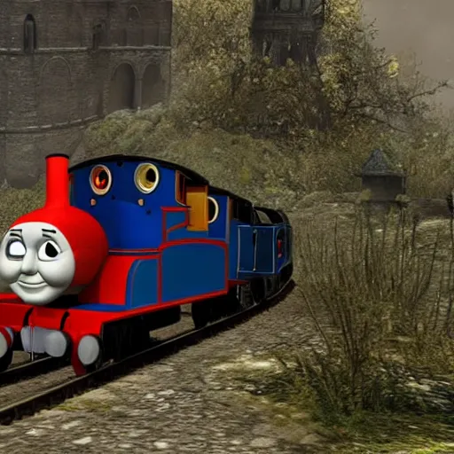 Prompt: Thomas the Tank engine as a boss in Dark Souls