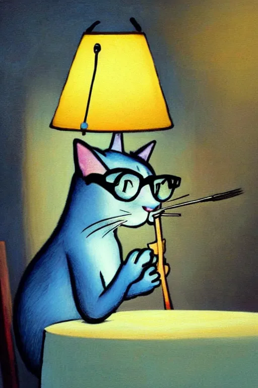 Prompt: a cute blue cat in glasses sits at the table in the evening and draws a brush, an old lamp with a lampshade on the table glows with bright light, painting by van gog