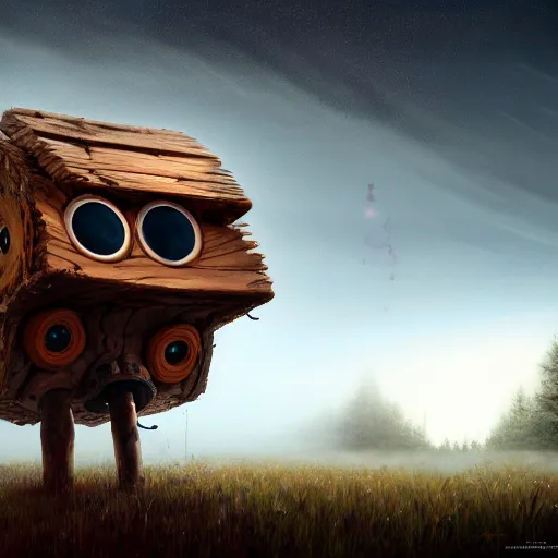 Image similar to a walking wood house with two mechanical legs and two glowing eyes and a mouth, rust, hyperrealistic, pareidolia, highly detailed, cinematic, single ray of sun, fog, beautiful, cgssociety, artstation, 8 k, oil painting