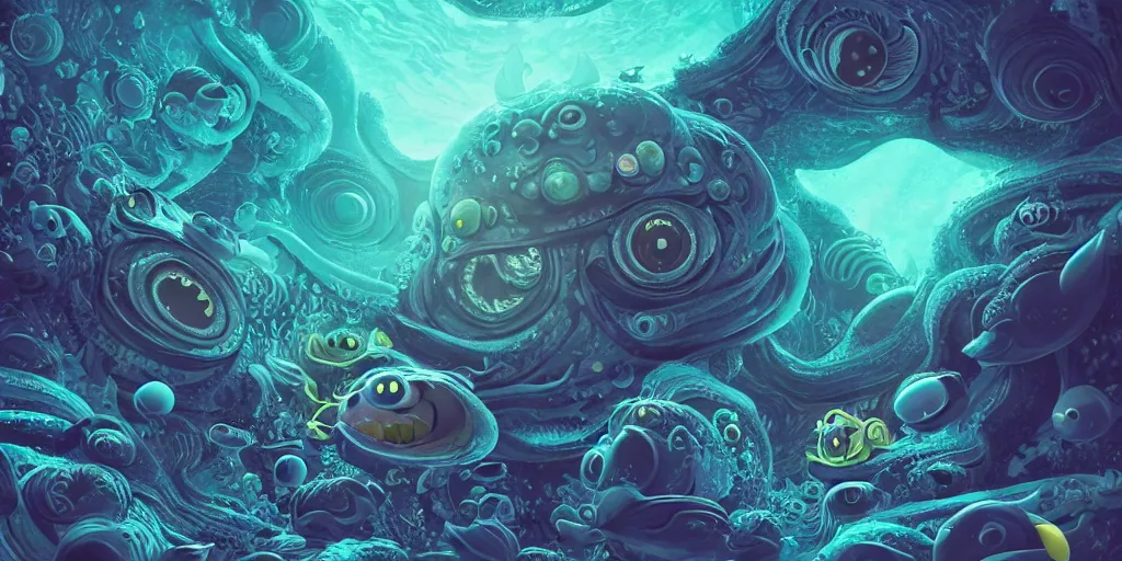 Image similar to of an intricate deep sea with strange cute friendly happy creatures with huge eyes, long tongue, round teeth and goofy funny face, appearing from the background, in the style of gehry and gaudi, macro lens, shallow depth of field, ultra detailed, digital painting, trending artstation, concept art, illustration, cinematic lighting, photorealism, epic, octane render