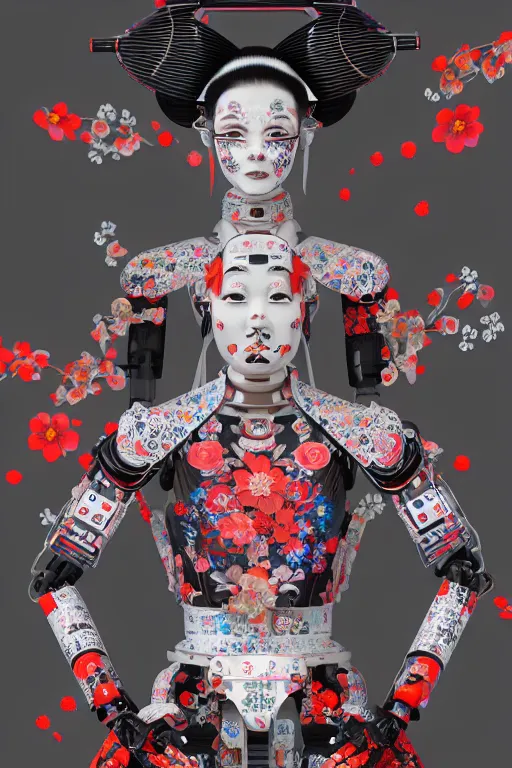 Image similar to full body portrait of a generative design exoskeleton Japanese robot geisha with kanji tattoos and decals wearing a digital pixelated kimono, intricate design, photorealistic, octane render, raytraced, ultra fine detailed, character design, trending on artstation