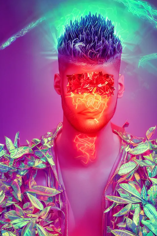 Prompt: hyper detailed ultra sharp portrait of baroque and bladerunner delicate neon ruby sculpture of seductive albino zayn malik gorilla green radioactive humanoid deity wearing metallic hoody made out of leaves holding the sun prismatic dungeon, glowing rainbow face, crown of white diamonds, cinematic lighting, photorealistic, octane render 8 k depth of field 3 d