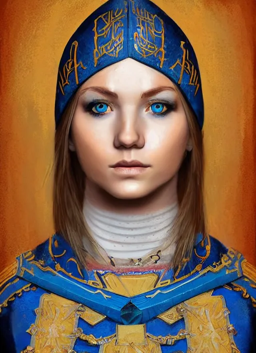 Prompt: full - body portrait of slavic young woman warrior in traditional slavic clothes, front, symmetrical, extremely detailed face, blue war paintings on face, beautiful face, short blonde hair, blue eyes, digital painting, true anatomy, behance frm 4 6, art by evgeny zubkov