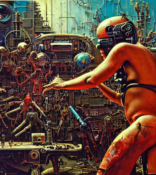 Prompt: junky men making huge graffiti, cybertronic gadgets and vr helmet, flesh + technology, durty colours, night, rotten textures, rusty shapes, biotechnology, norman rockwell, tim hildebrandt, wayne barlow, bruce pennington, larry elmore, oil on canvas, deep depth field, masterpiece, cinematic composition, hyper - detailed, hd, hdr