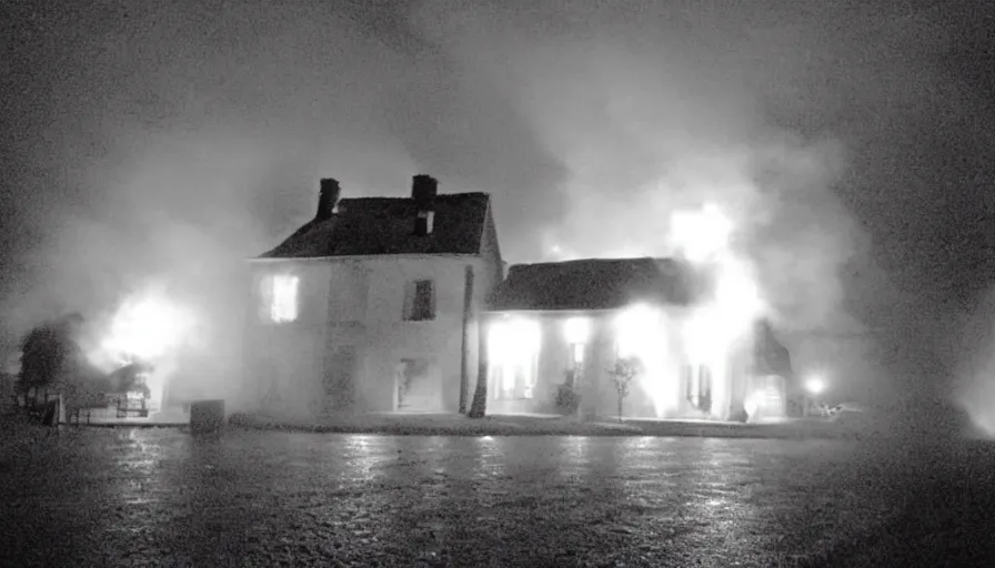 Image similar to mini dv camera found footage of a heavy burning french style little house by night, rain, foggy, in a small northern french village, by sony mini dv camera, heavy grain, low quality, high detail, dramatic light, anamorphic, flares
