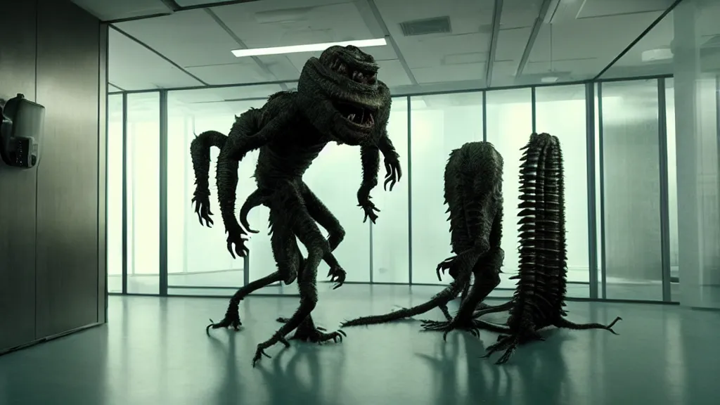 Image similar to the creature in the high tech office building, it is furious, film still from the movie directed by denis villeneuve and david cronenberg with art direction by salvador dali