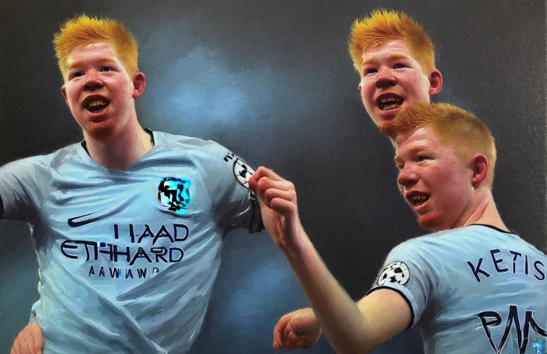 Image similar to portrait of kevin de bruyne manchester city!!!!!!!!!!!!!!!!!!!!!!!!!!!, detailed face, detailed painting, epic lighting, by ilya repin, phil hale and kent williams