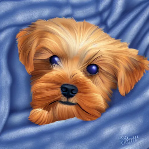 Image similar to digital painting of a cute adorable yorkie puppy sleeping on a soft blanket