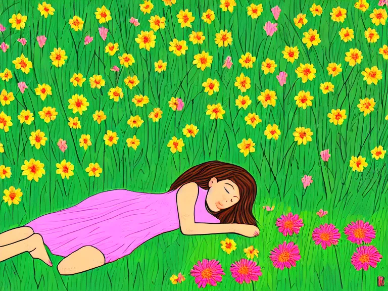 Prompt: drawing of girl laying down in the lawn full of flowers that smells like honey amongst forest with her soul connected to the nature around her. in style of maria prymachenko