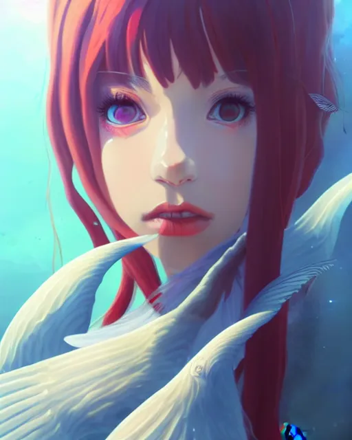 Image similar to portrait of a sea witch with fish wings, confident pose, pixie, genshin impact, majestic, satanic, sharp focus, illustration, highly detailed, concept art, matte, trending on artstation, anime, art by ilya kuvshinov, strong strokes, photo of asuna from sao