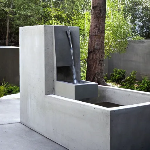 Prompt: Steven holl architect and gio ponti design a modern backyard water fountain, concrete and black steel