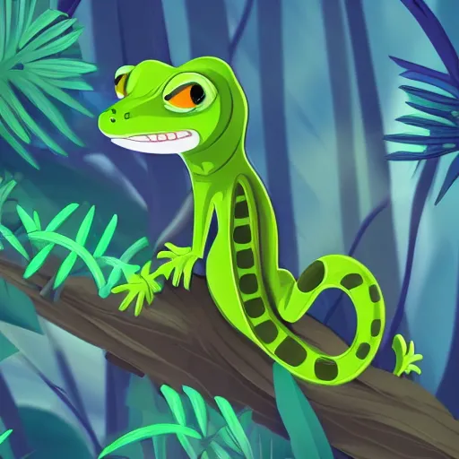 Prompt: anthro cartoon gecko wearing a hoodie, large cute eyes, in the jungle, animated, illustration, concept art.