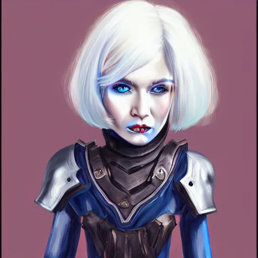 Image similar to illustrated realistic portrait female ram-horned kobold with asymmetrical bob haircut blue hair with black evil devil eyes wearing strap leather armor by rossdraws