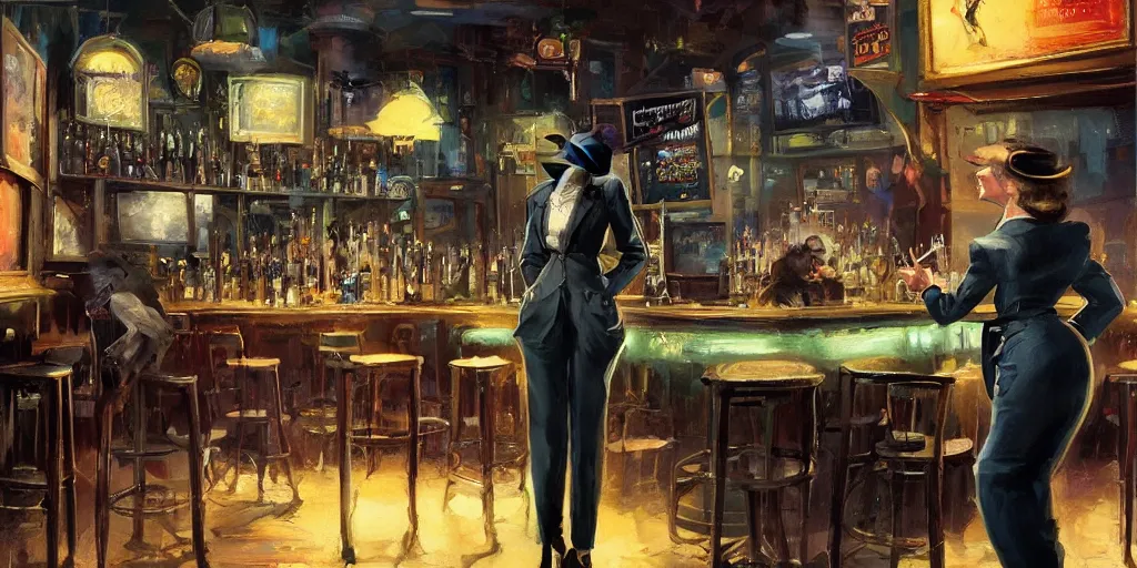 Image similar to a biped lady rat is working at the bar of a 4 0 s jazz club, warm color palette, night time, dramatic lighting, noir film, character sheet, fine details, high contrast, blacksad, kim jung gi, greg rutkowski, trending on artstation, 8 k, front view, back view, ultra wide angle