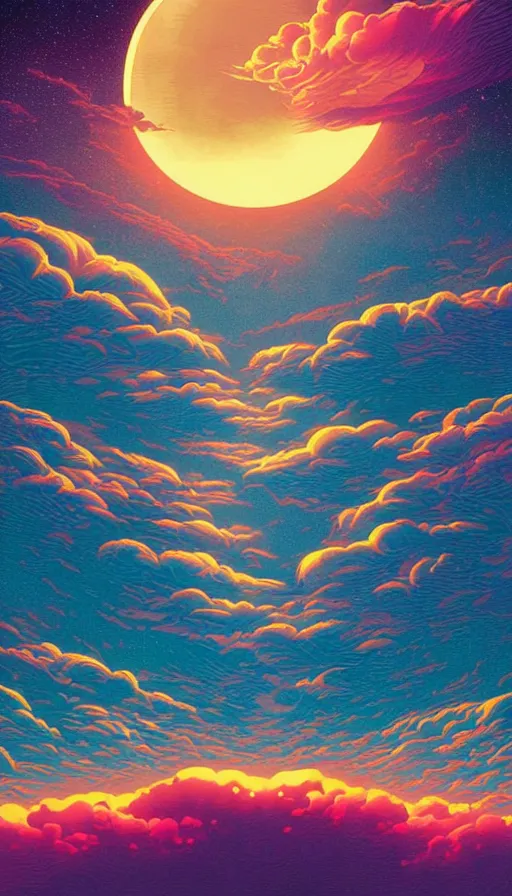 Image similar to sturgeon moon floating on cosmic cloudscape at sunset, futurism, dan mumford, victo ngai, kilian eng, da vinci, josan gonzalez