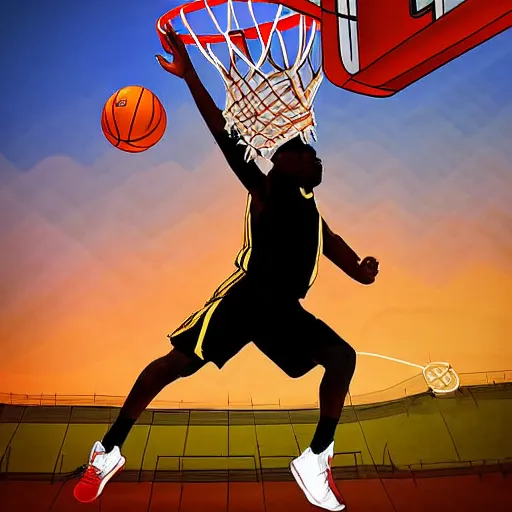 Prompt: basketball player dunking the ball into a basketball hoop, digital art